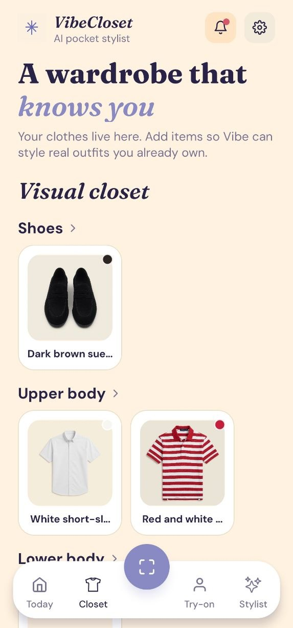 Visual closet organized by clothing category