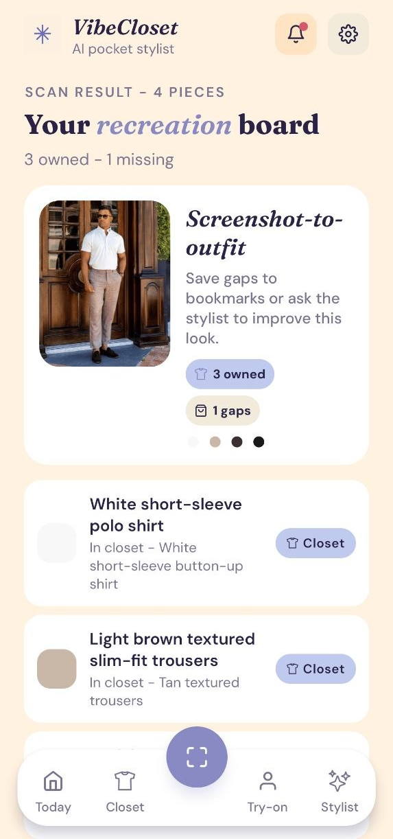 Scan result showing owned and missing outfit pieces