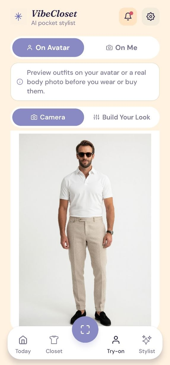 Virtual try-on preview showing an outfit on an avatar